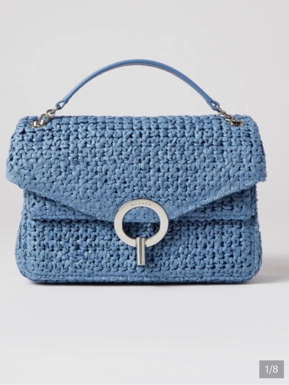 Sandro Paris Yza Raffia Shoulder Bag | Blue Woven Top Handle Purse